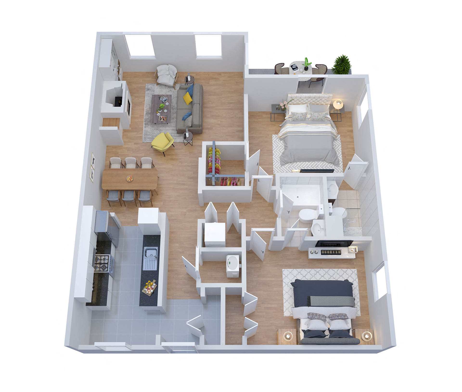 Floor plan for 2 beds, 2 baths, 1030 sqft